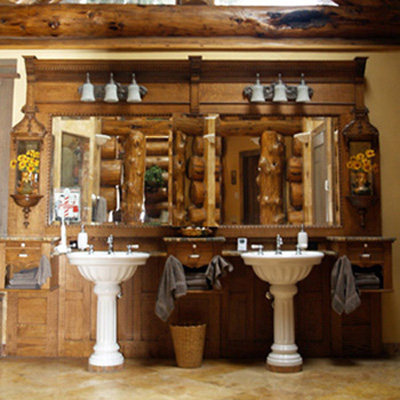 Gorgeous Pedestal Sinks in Log Home Bathroom, Big Sky